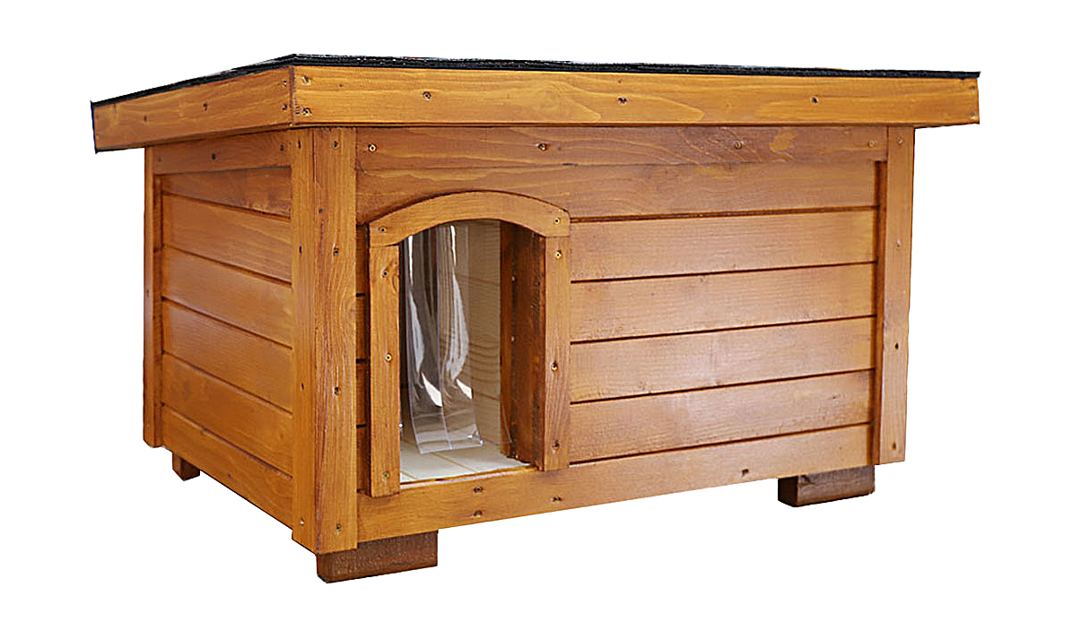 Kvalitný zateplený domček pre 1 - 3 mačky ELISA so šikmou strechou so sklonom vzad. Na fotografii v odtieni DUB (nižšie si môžete vybrať iný), plastové dvierka/lamely (ilustračné - nižšie si môžete priobjednať.)