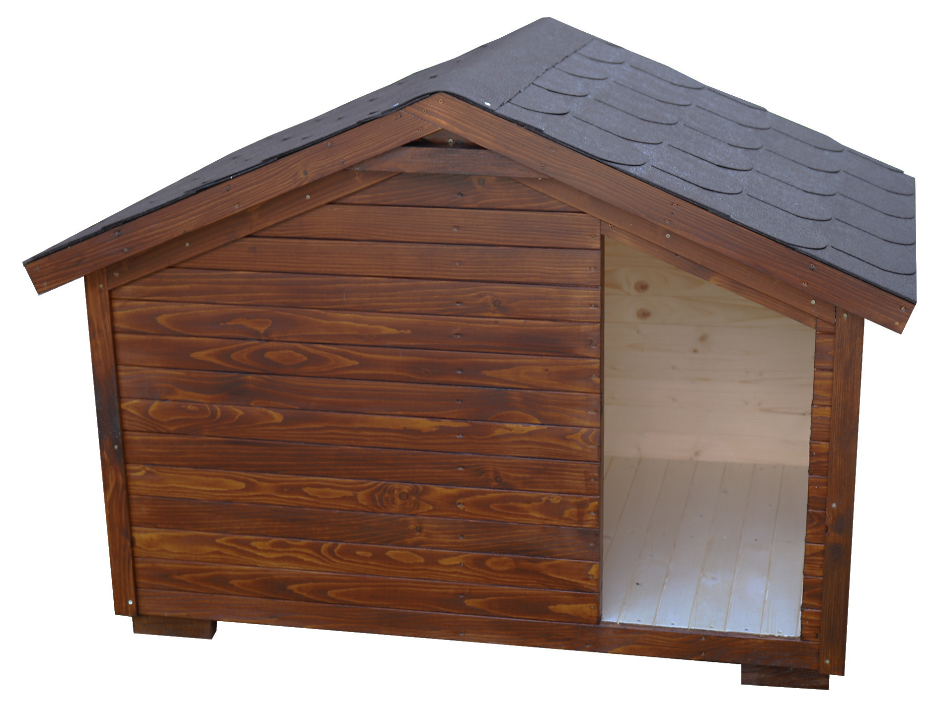 Kvalitná zateplená psia búda REX s áčkovou strechou. Na fotografii odtieň ORECH (nižšie si môžete vybrať iný), hnedá krytina (ilustračné - nižšie si môžete priobjednať a vybrať farbu a tvar).