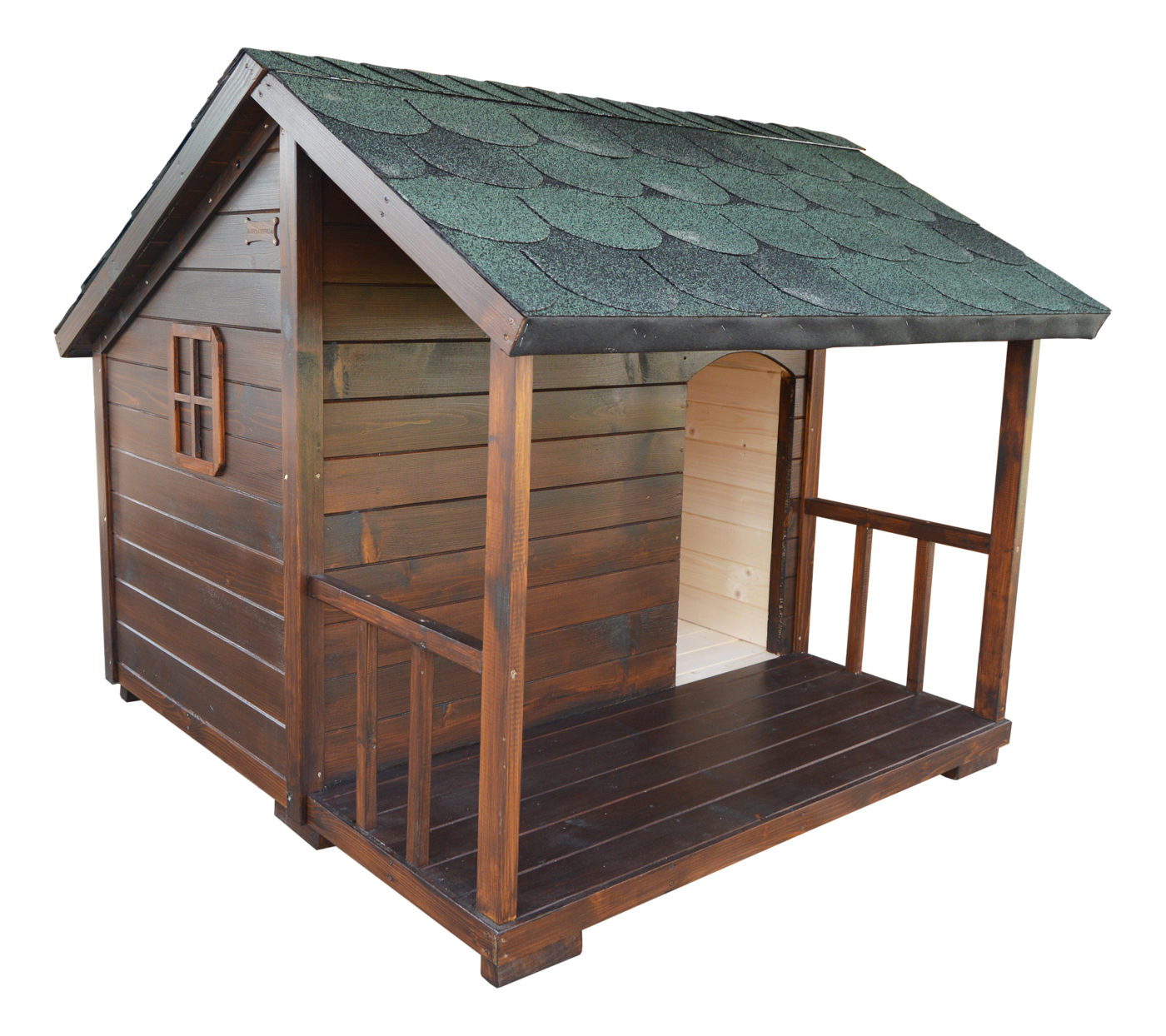 Kvalitná zateplená psia búda CASSIDY s áčkovou strechou, krytou terasou so zábradlím a okienkami