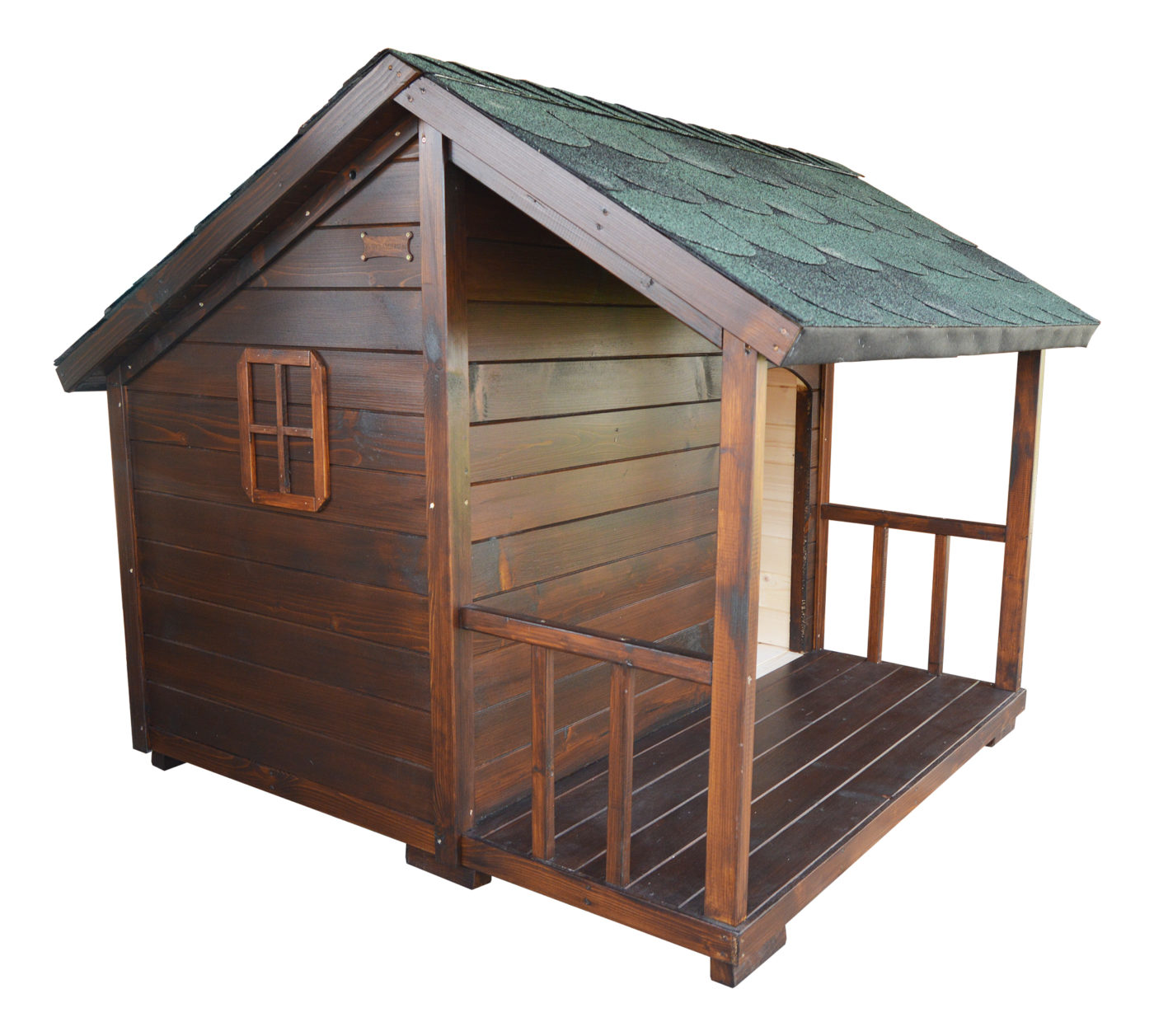 Kvalitná zateplená psia búda CASSIDY s áčkovou strechou, krytou terasou so zábradlím a okienkami